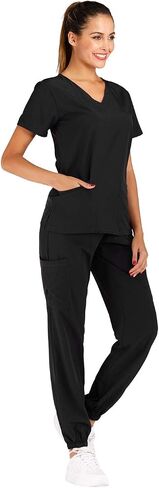 Minty Mint Women's Solid Stretch Medical Uniform Scrub Set V Neck Top Cargo Tapered Jogger Pants in Saudi Arabia