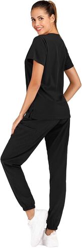 Minty Mint Women's Solid Stretch Medical Uniform Scrub Set V Neck Top Cargo Tapered Jogger Pants in Saudi Arabia
