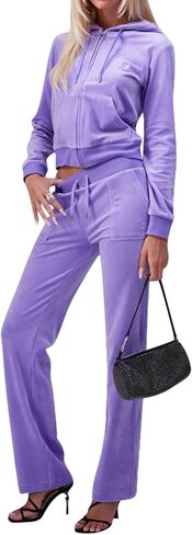 yidengymx Two Piece Velvet Hooded Outfits for Women, Womens 2 Piece Velour Tracksuit Zip Up Sweatsuit with Cargo Pockets in Kuwait