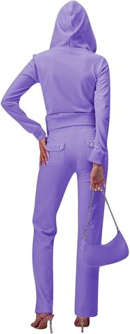 yidengymx Two Piece Velvet Hooded Outfits for Women, Womens 2 Piece Velour Tracksuit Zip Up Sweatsuit with Cargo Pockets in Kuwait