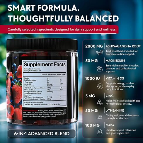 Ashwagandha Gummies – 120 Count - 2000 MG Ashwagandha Supplements with L-Theanine, GABA, Magnesium, Zinc & Vitamin D3 – Sugar-Free, Vegan, Non-GMO–Natural Support for Balance in Saudi Arabia