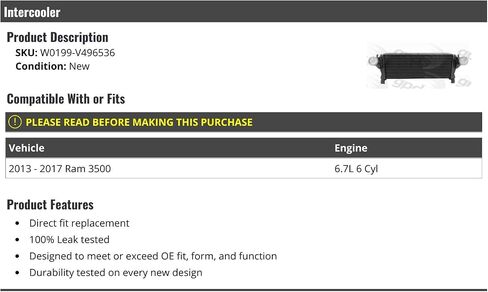 Turbo Intercooler Air Cooler - Compatible with 2013-2017 Ram 3500 6.7L 6-Cylinder Diesel in Saudi Arabia