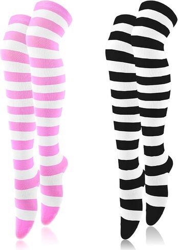 Women Women High Socks مخططة فوق جوارب الجوارب عالية الجوارب الأزياء الجوارب الساق المدفأة مخططة في الركبة لجوارب عيد الميلاد Halloween (زوجان ، أبيض وأسود ، وردي وأبيض) in Saudi Arabia
