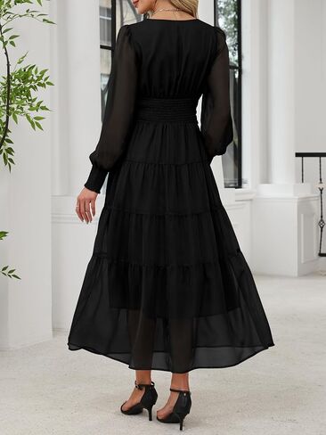 anrabess womens floral long sleeve maxi dress v chiffon chiffon flowy boho a-line 2025 fall wedding guest party dresses in Kuwait