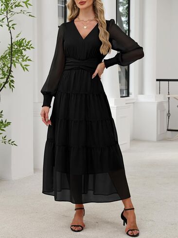 anrabess womens floral long sleeve maxi dress v chiffon chiffon flowy boho a-line 2025 fall wedding guest party dresses in Kuwait