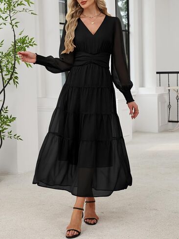anrabess womens floral long sleeve maxi dress v chiffon chiffon flowy boho a-line 2025 fall wedding guest party dresses in Kuwait