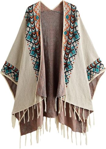 Women's Graphic Fringe Shawl Tassel Ponchos Cape Boho Oversized Western Cardigan Sweater in Saudi Arabia