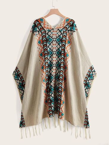 Women's Graphic Fringe Shawl Tassel Ponchos Cape Boho Oversized Western Cardigan Sweater in Saudi Arabia