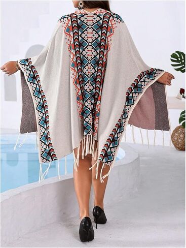 Women's Graphic Fringe Shawl Tassel Ponchos Cape Boho Oversized Western Cardigan Sweater in Saudi Arabia