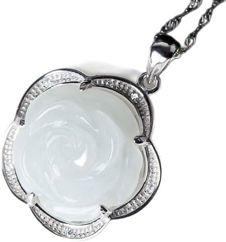 S925 Silver Jewelry Natural Jade Rose Pendant Necklace Chinese Style Hand-Carved Lucky Amulet Necklace Gift in Saudi Arabia