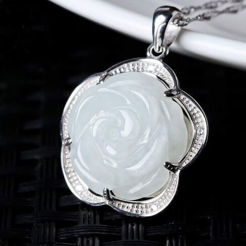 S925 Silver Jewelry Natural Jade Rose Pendant Necklace Chinese Style Hand-Carved Lucky Amulet Necklace Gift in Saudi Arabia