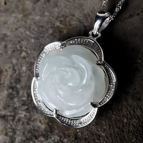 S925 Silver Jewelry Natural Jade Rose Pendant Necklace Chinese Style Hand-Carved Lucky Amulet Necklace Gift in Saudi Arabia