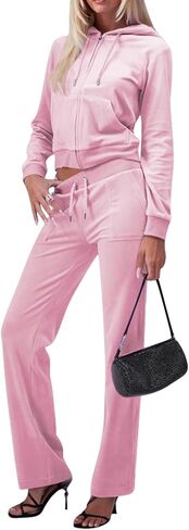 yidengymx Two Piece Velvet Hooded Outfits for Women, Womens 2 Piece Velour Tracksuit Zip Up Sweatsuit with Cargo Pockets in Kuwait