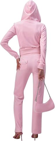 yidengymx Two Piece Velvet Hooded Outfits for Women, Womens 2 Piece Velour Tracksuit Zip Up Sweatsuit with Cargo Pockets in Kuwait