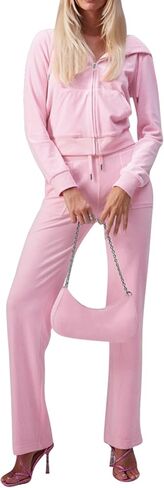 yidengymx Two Piece Velvet Hooded Outfits for Women, Womens 2 Piece Velour Tracksuit Zip Up Sweatsuit with Cargo Pockets in Kuwait