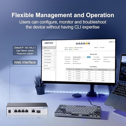 YuLinca 10 Port Gigabit Ethernet Switch, 8 x 100/1000Mbps Ports, 2 Gigabit Uplink, Support Vlan, Metal Fanless Unmanaged Plug and Play in Saudi Arabia