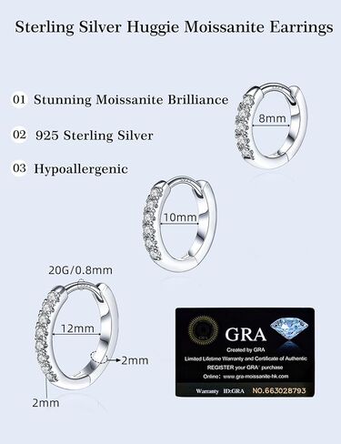 3 Pairs Small Huggie Hoop Moissanite Earrings for Women Men, Hypoallergenic 925 Sterling Silver Cartilage Earrings, Gifts Jewelry Set in Saudi Arabia