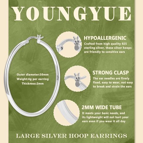 YOUNGYUE 925 Sterling Silver Hoop Earrings for Women Hypoallergenic Oversize 14K Gold Hoops Earrings for Women Thin Gold Plated Hoop earrings Lightweight Large Silver Hoop Earrings 30/40/50/60/70mm in Kuwait