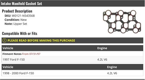 Intake Manifold Gasket Set - Compatible with 1997-2000 Ford F150 4.2L V6 (From 07/31/1997) in Saudi Arabia