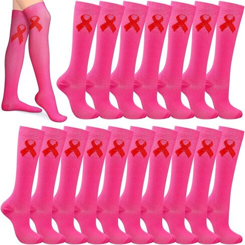 Suhine 60 Pairs Pink Ribbon Breast Cancer Awareness Socks Bulk Over the Calf Socks Hot Pink Women Athlete Sport(Rose Red) in Saudi Arabia