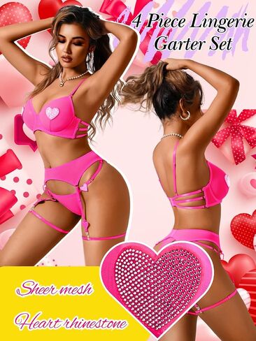 Kaei & Shi Rhinestone Heart Lingerie ، مجموعة حزام الرباط 4 قطع ، ملابس عيد الحب مثير للنساء Glow Party Rave in Kuwait