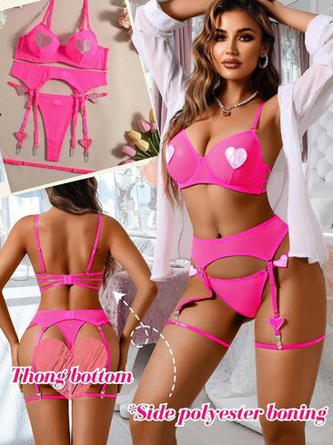 Kaei & Shi Rhinestone Heart Lingerie ، مجموعة حزام الرباط 4 قطع ، ملابس عيد الحب مثير للنساء Glow Party Rave in Kuwait