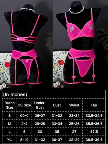 Kaei & Shi Rhinestone Heart Lingerie ، مجموعة حزام الرباط 4 قطع ، ملابس عيد الحب مثير للنساء Glow Party Rave in Kuwait