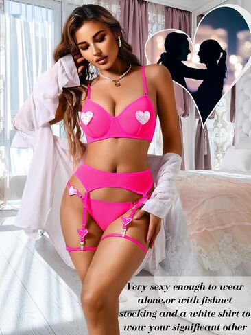 Kaei & Shi Rhinestone Heart Lingerie ، مجموعة حزام الرباط 4 قطع ، ملابس عيد الحب مثير للنساء Glow Party Rave in Kuwait