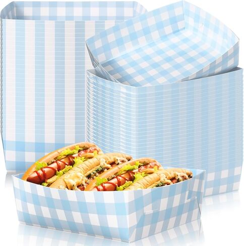 Suclain 36 Pack Light Blue and White Gingham Paper Trays 5 lb Grease Resistant Large Snack Serving Trays Disposable Food Boats for Baby Shower Wedding Tea Party Supplies in Saudi Arabia