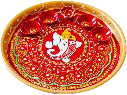 زخرفية بوجا ثالي مع الأوعية و Diya لوحة طبق الفولاذ المزخرف Puja thali مع مقالة Pooja أساسية ل Aarti Pooja الهندي التقليدي ديكورات ديوالي (الحجم: -10 ") (أحمر ، ذهبي) in Saudi Arabia