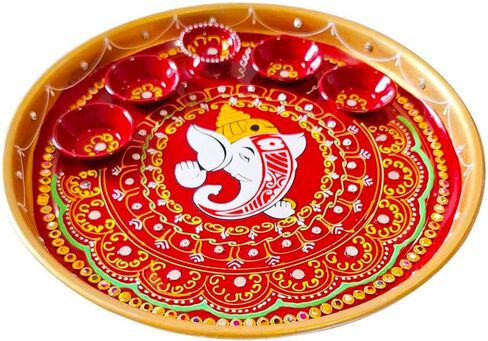 زخرفية بوجا ثالي مع الأوعية و Diya لوحة طبق الفولاذ المزخرف Puja thali مع مقالة Pooja أساسية ل Aarti Pooja الهندي التقليدي ديكورات ديوالي (الحجم: -10 ") (أحمر ، ذهبي) in Saudi Arabia