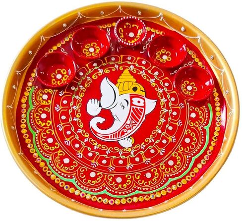 زخرفية بوجا ثالي مع الأوعية و Diya لوحة طبق الفولاذ المزخرف Puja thali مع مقالة Pooja أساسية ل Aarti Pooja الهندي التقليدي ديكورات ديوالي (الحجم: -10 ") (أحمر ، ذهبي) in Saudi Arabia
