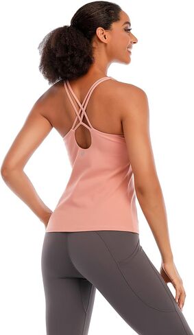 Yoga Tank Tops for Women Built in Shelf Bra B/C Cups Strappy Back Activewear Workout Compression Tops in Saudi Arabia