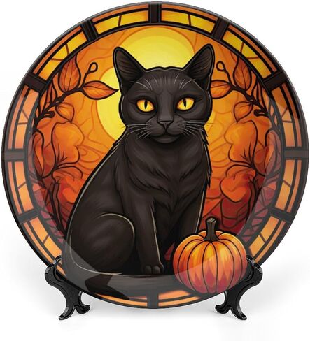 Halloween Decorative Plates, Black Cat And Pumpkin Stained Glass Print Ceramic Dinner Plate Home Wobble-Plate with Display Stand, Wall Hanging Decor for Living Dining Room Kitchen Household 10 Inch in Kuwait