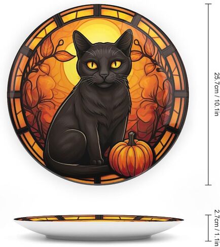 Halloween Decorative Plates, Black Cat And Pumpkin Stained Glass Print Ceramic Dinner Plate Home Wobble-Plate with Display Stand, Wall Hanging Decor for Living Dining Room Kitchen Household 10 Inch in Kuwait