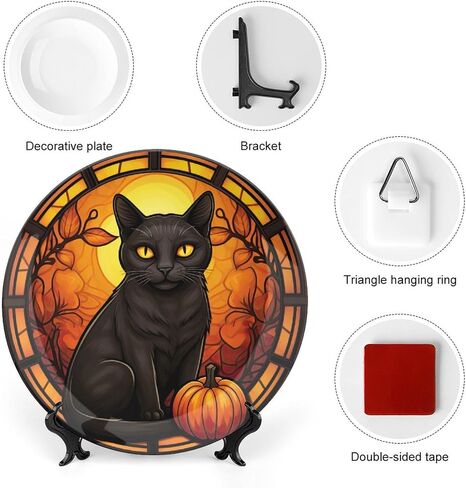 Halloween Decorative Plates, Black Cat And Pumpkin Stained Glass Print Ceramic Dinner Plate Home Wobble-Plate with Display Stand, Wall Hanging Decor for Living Dining Room Kitchen Household 10 Inch in Kuwait