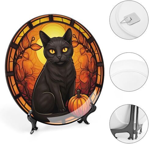 Halloween Decorative Plates, Black Cat And Pumpkin Stained Glass Print Ceramic Dinner Plate Home Wobble-Plate with Display Stand, Wall Hanging Decor for Living Dining Room Kitchen Household 10 Inch in Kuwait
