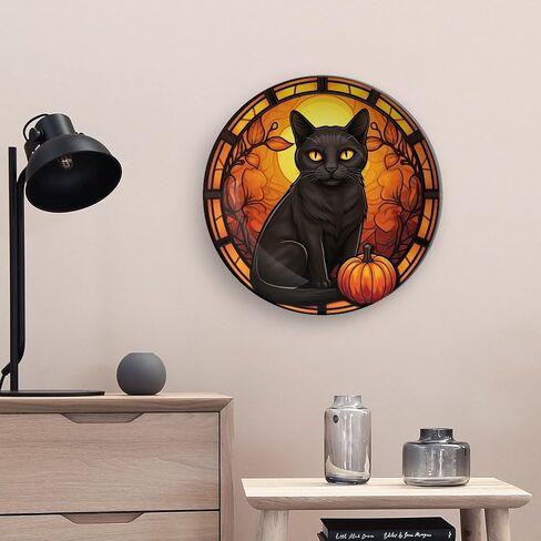 Halloween Decorative Plates, Black Cat And Pumpkin Stained Glass Print Ceramic Dinner Plate Home Wobble-Plate with Display Stand, Wall Hanging Decor for Living Dining Room Kitchen Household 10 Inch in Kuwait