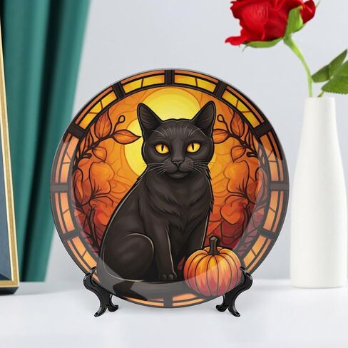Halloween Decorative Plates, Black Cat And Pumpkin Stained Glass Print Ceramic Dinner Plate Home Wobble-Plate with Display Stand, Wall Hanging Decor for Living Dining Room Kitchen Household 10 Inch in Kuwait