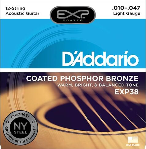 D’Addario EXP16 Coated Phosphor Bronze Acoustic Guitar Strings, Light, 12-53 – Offers a Warm, Bright and Well-Balanced Acoustic Tone and 4x Longer Life - With NY Steel for Strength and Pitch Stability in Saudi Arabia