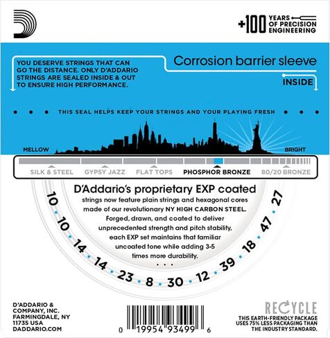 D’Addario EXP16 Coated Phosphor Bronze Acoustic Guitar Strings, Light, 12-53 – Offers a Warm, Bright and Well-Balanced Acoustic Tone and 4x Longer Life - With NY Steel for Strength and Pitch Stability in Saudi Arabia