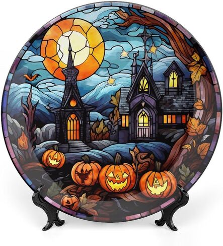 Halloween Decorative Plates, Haunted House Night Scene Stained Glass Print Ceramic Dinner Plate Home Wobble-Plate w/ Display Stand, Wall Hanging Decor for Living Dining Room Kitchen Household 10 Inch in Kuwait