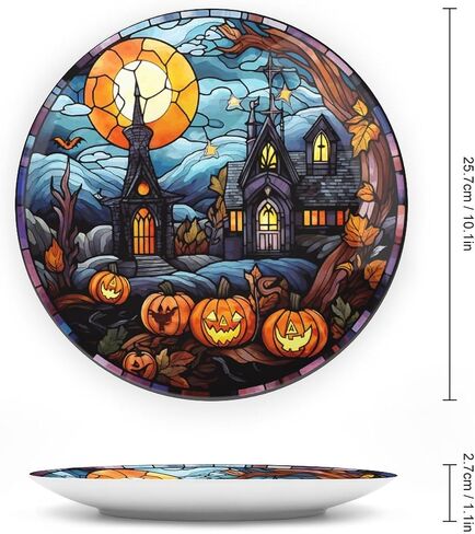 Halloween Decorative Plates, Haunted House Night Scene Stained Glass Print Ceramic Dinner Plate Home Wobble-Plate w/ Display Stand, Wall Hanging Decor for Living Dining Room Kitchen Household 10 Inch in Kuwait