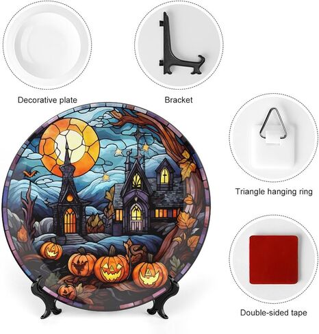 Halloween Decorative Plates, Haunted House Night Scene Stained Glass Print Ceramic Dinner Plate Home Wobble-Plate w/ Display Stand, Wall Hanging Decor for Living Dining Room Kitchen Household 10 Inch in Kuwait