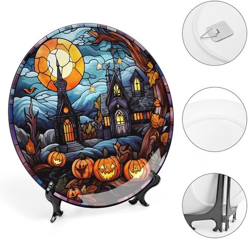 Halloween Decorative Plates, Haunted House Night Scene Stained Glass Print Ceramic Dinner Plate Home Wobble-Plate w/ Display Stand, Wall Hanging Decor for Living Dining Room Kitchen Household 10 Inch in Kuwait