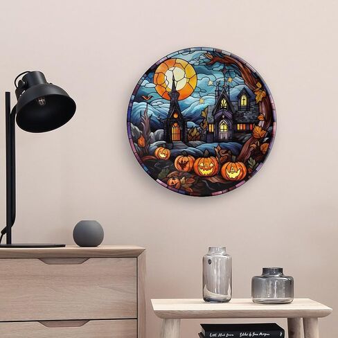 Halloween Decorative Plates, Haunted House Night Scene Stained Glass Print Ceramic Dinner Plate Home Wobble-Plate w/ Display Stand, Wall Hanging Decor for Living Dining Room Kitchen Household 10 Inch in Kuwait