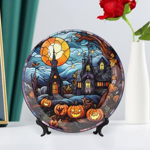 Halloween Decorative Plates, Haunted House Night Scene Stained Glass Print Ceramic Dinner Plate Home Wobble-Plate w/ Display Stand, Wall Hanging Decor for Living Dining Room Kitchen Household 10 Inch in Kuwait
