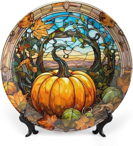 Decorative Plates, Fall Maple & Pumpkin Stained Glass Design Ceramic Dinner Plate Home Wobble-Plate with Display Stand, Wall Hanging Decor for Kitchen Household 10 Inch, Gifts for Thanksgiving in Kuwait
