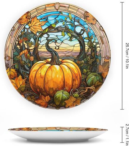 Decorative Plates, Fall Maple & Pumpkin Stained Glass Design Ceramic Dinner Plate Home Wobble-Plate with Display Stand, Wall Hanging Decor for Kitchen Household 10 Inch, Gifts for Thanksgiving in Kuwait