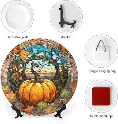 Decorative Plates, Fall Maple & Pumpkin Stained Glass Design Ceramic Dinner Plate Home Wobble-Plate with Display Stand, Wall Hanging Decor for Kitchen Household 10 Inch, Gifts for Thanksgiving in Kuwait